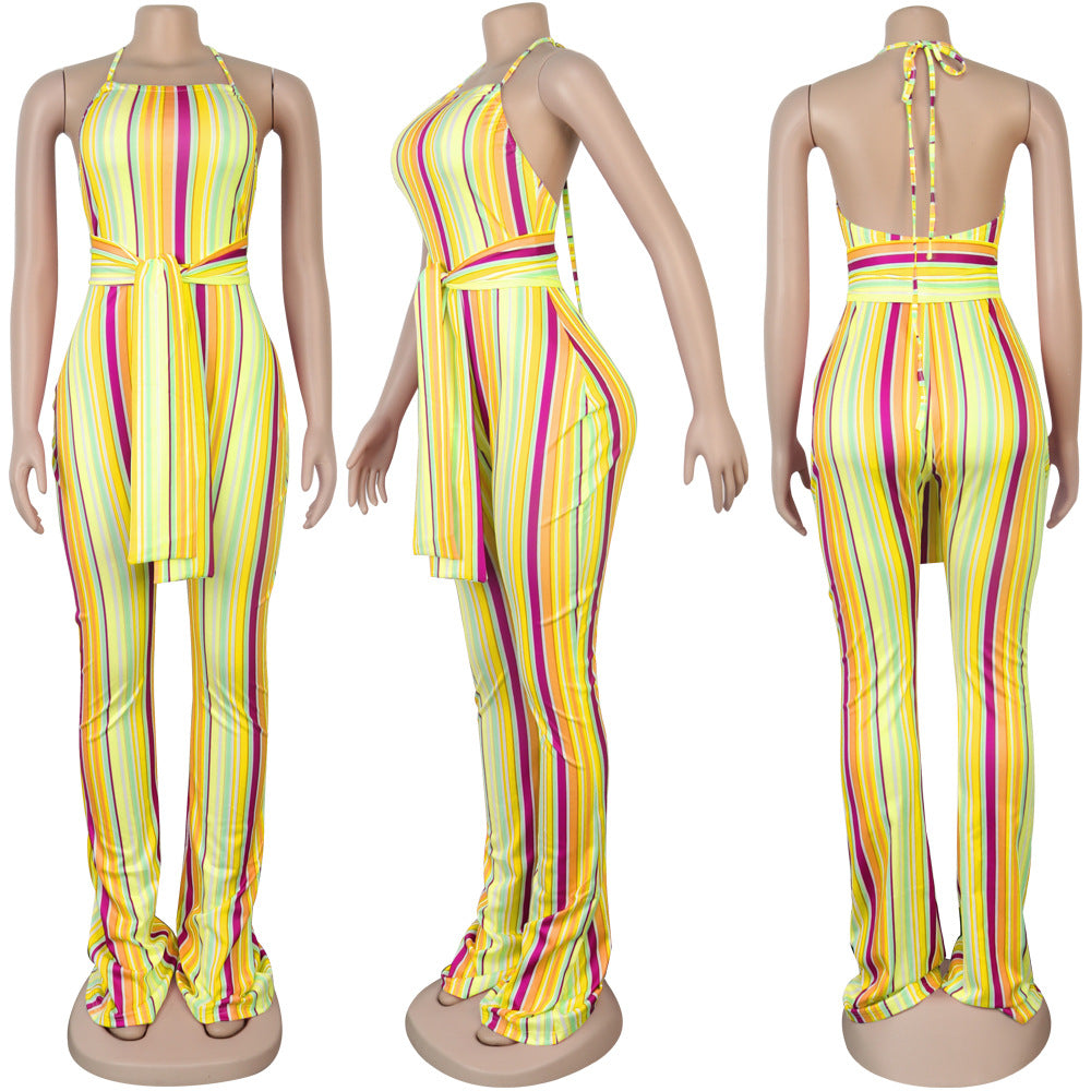 Multi-Color Striped Halter Neck Slim Fit Bell Bottom Women's Jumpsuit 16
