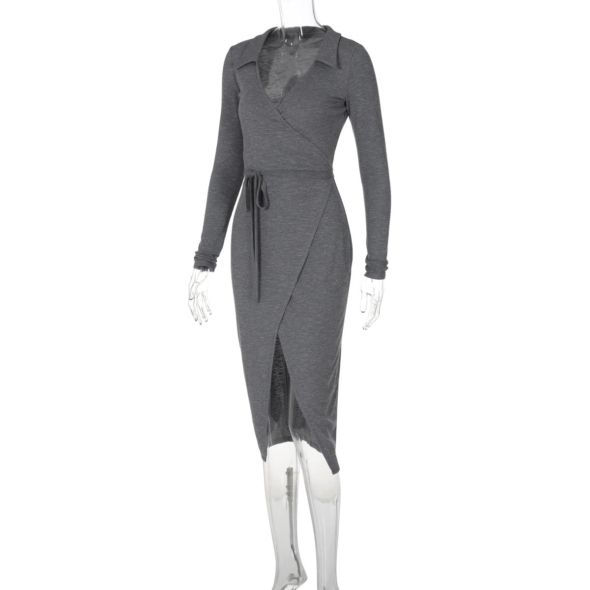 Autumn Winter Long Sleeve Sexy Tie Slim Waist Split Long Dress 9