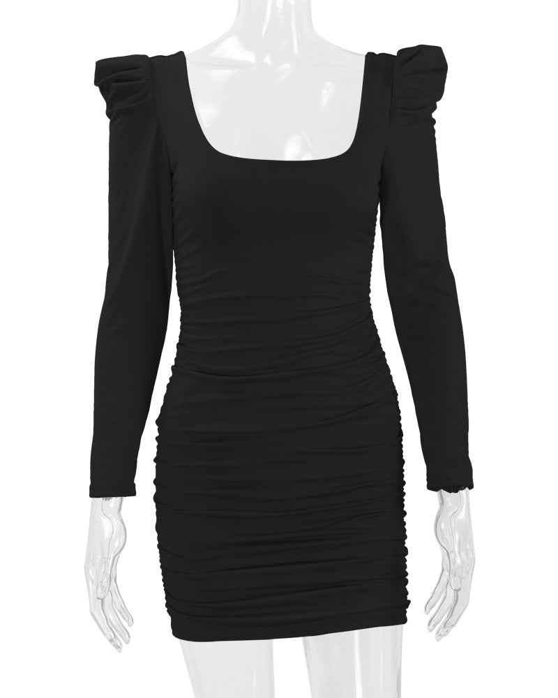 Autumn Winter Women's Sexy Low Back Stacked Shoulder Long Sleeve Slim Dress 22