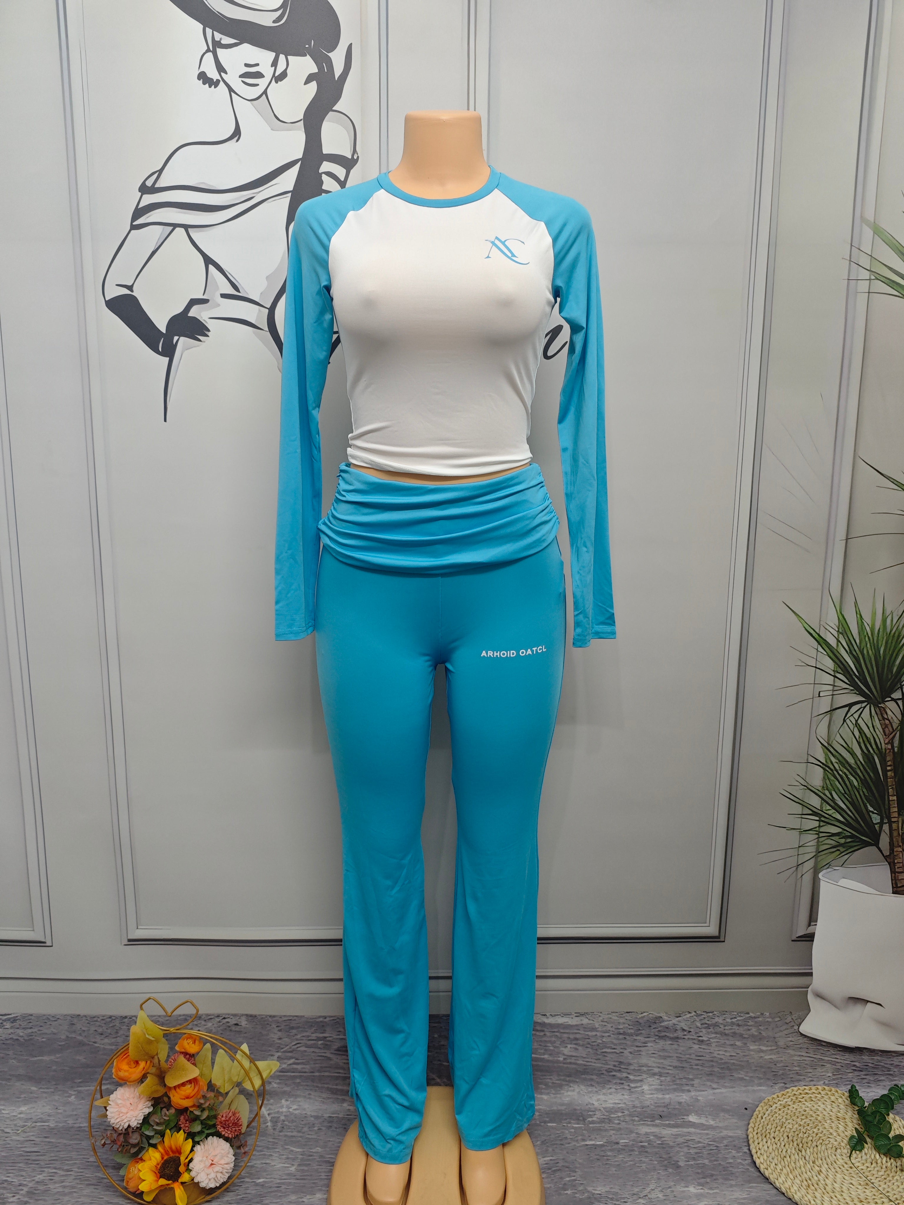 Women's Autumn Contrast Color Round Neck Slim Long Sleeve Two Piece Pants Set 18