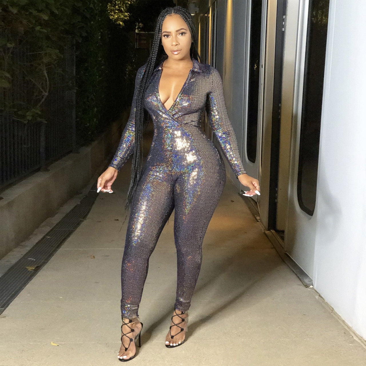 Women V Neck Shiny Jumpsuit 3