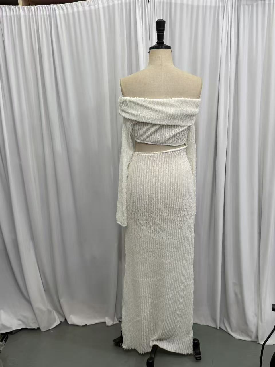 Long Sleeve Waist Cut-Out Off Shoulder High Slit Textured Dress 12