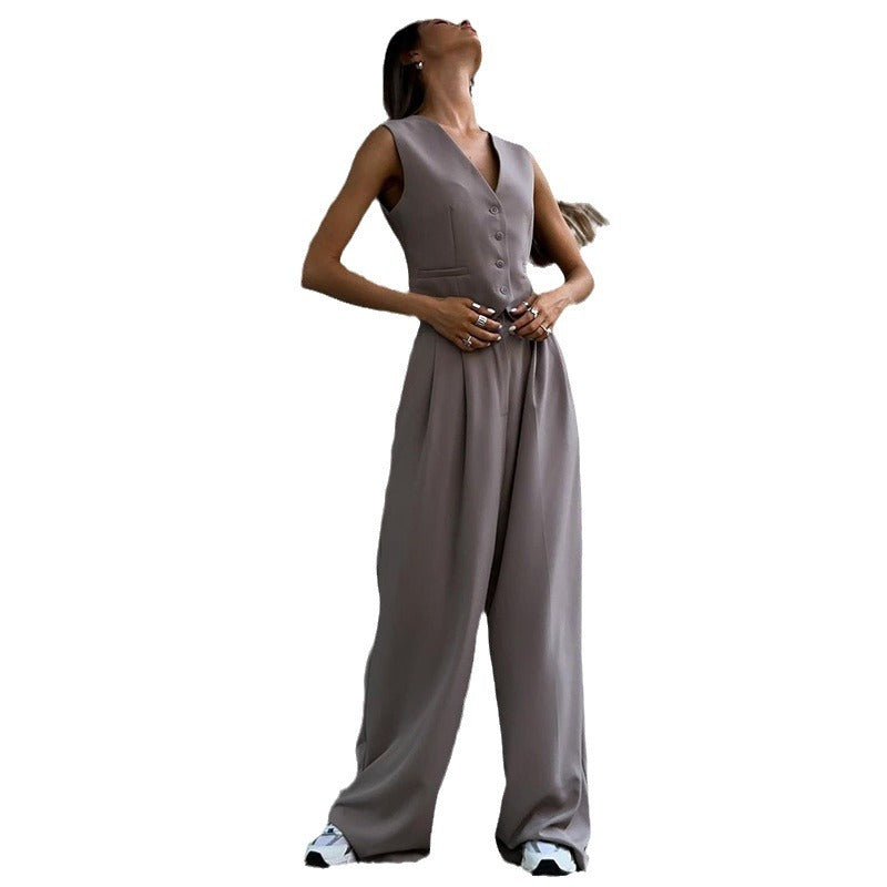 Women 's Spring V-Neck Sleeveless Vest Wide-Leg Trousers Casual Suit 8