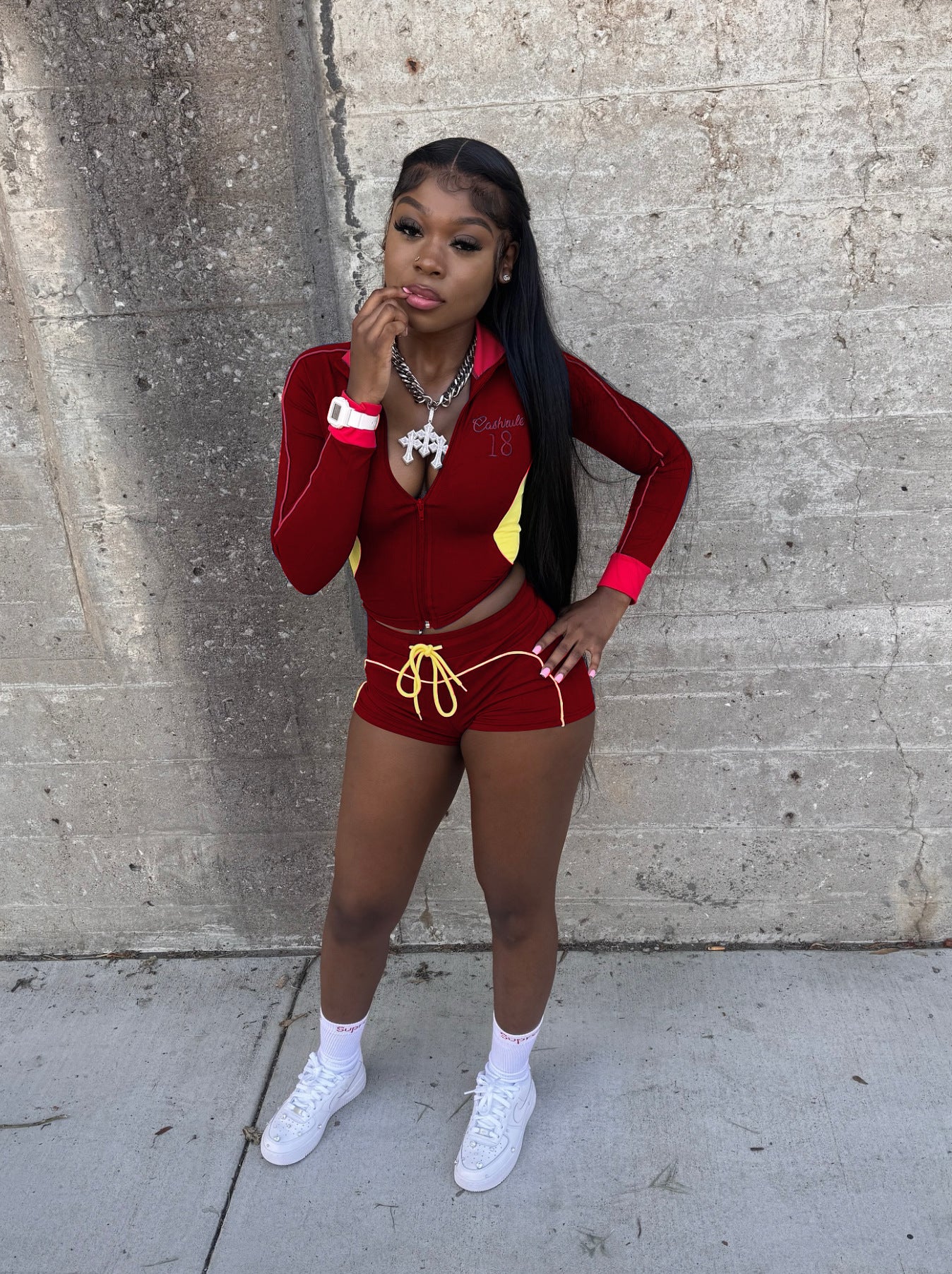 Women Casual Long-Sleeved Shorts with Embroidered Contrast Colors Two-Piece Top and Shorts Set 5