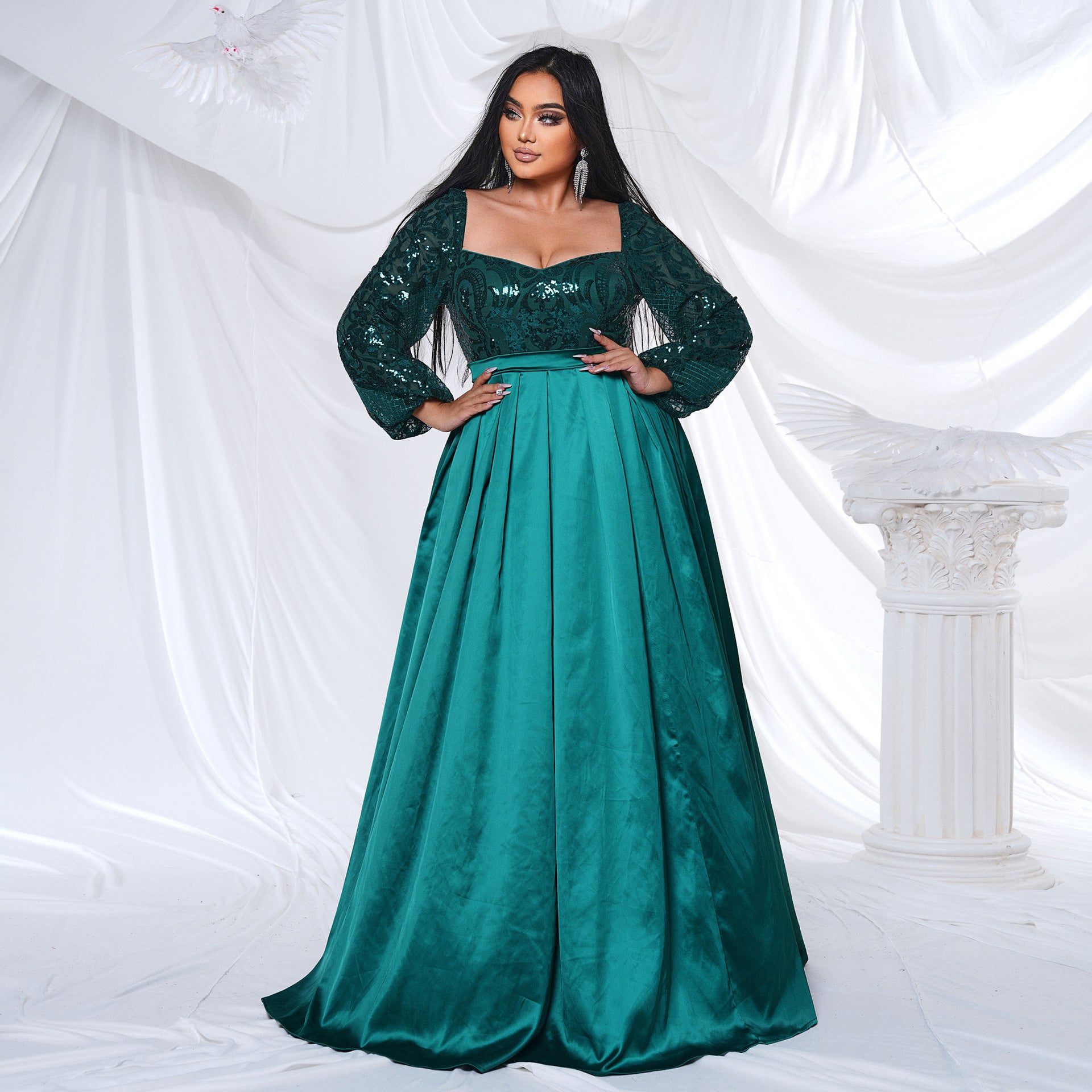 Plus Size Women's Long Long Sleeve Square Neck Formal Party Sequin Evening Dress 5