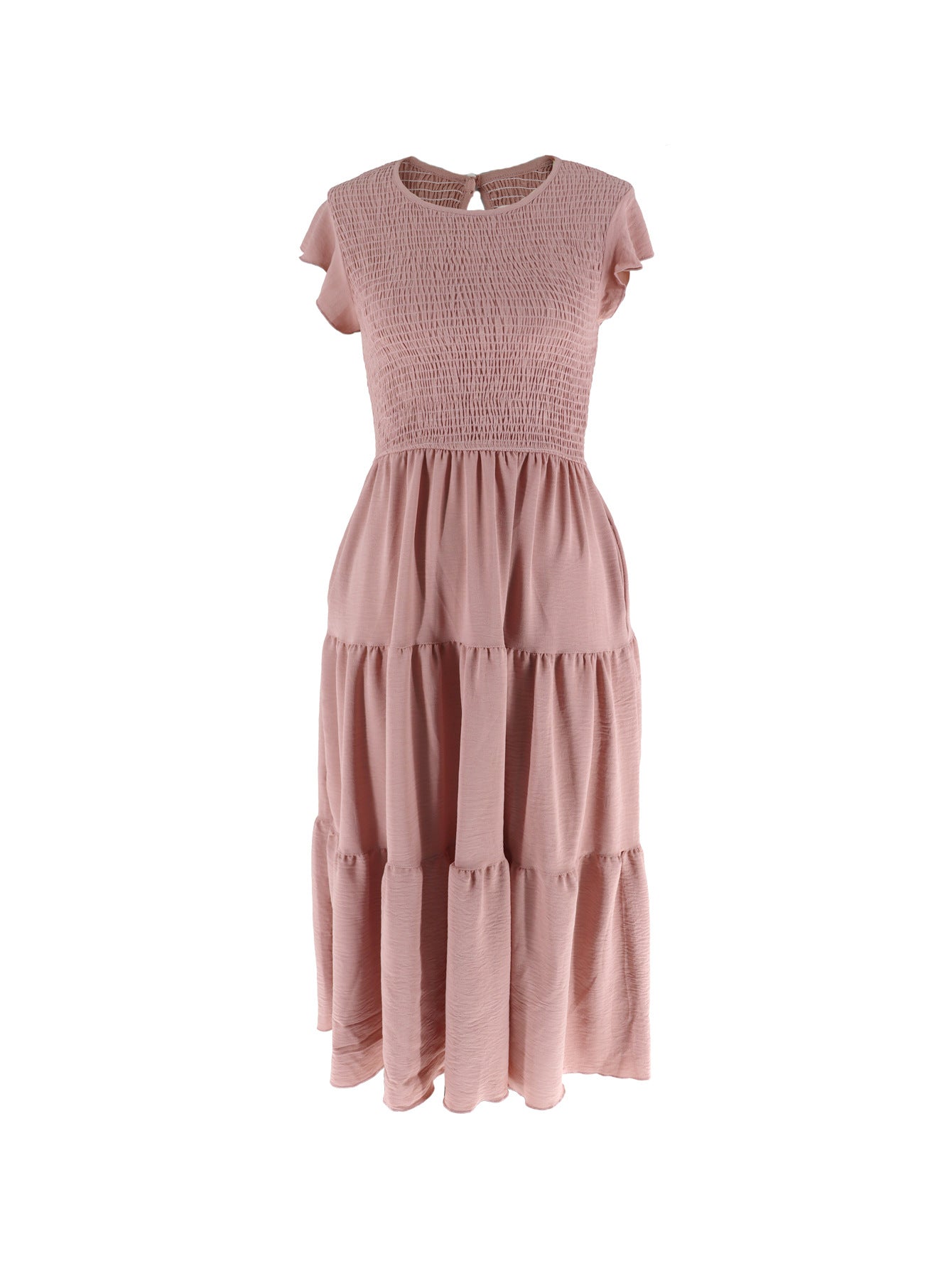 Solid Color Pleated Waist Casual Midi Dress 18