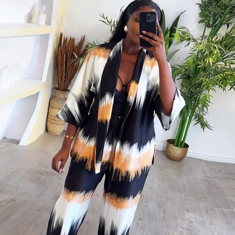 Spring And Autumn Women's Printed Long Sleeve Cardigan Trousers Two-Piece Set