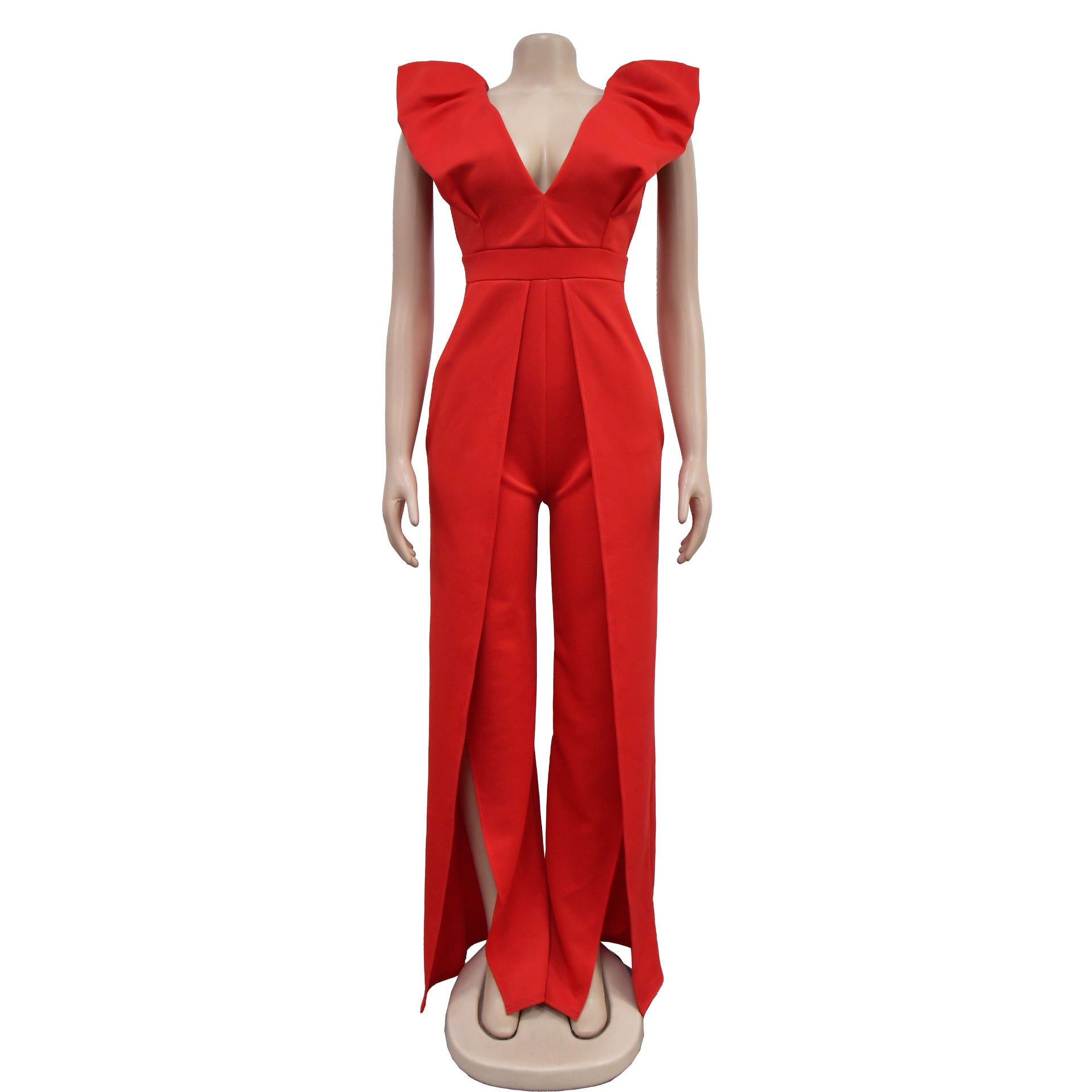 Women Solid Sexy V Neck Pleated Jumpsuit 12