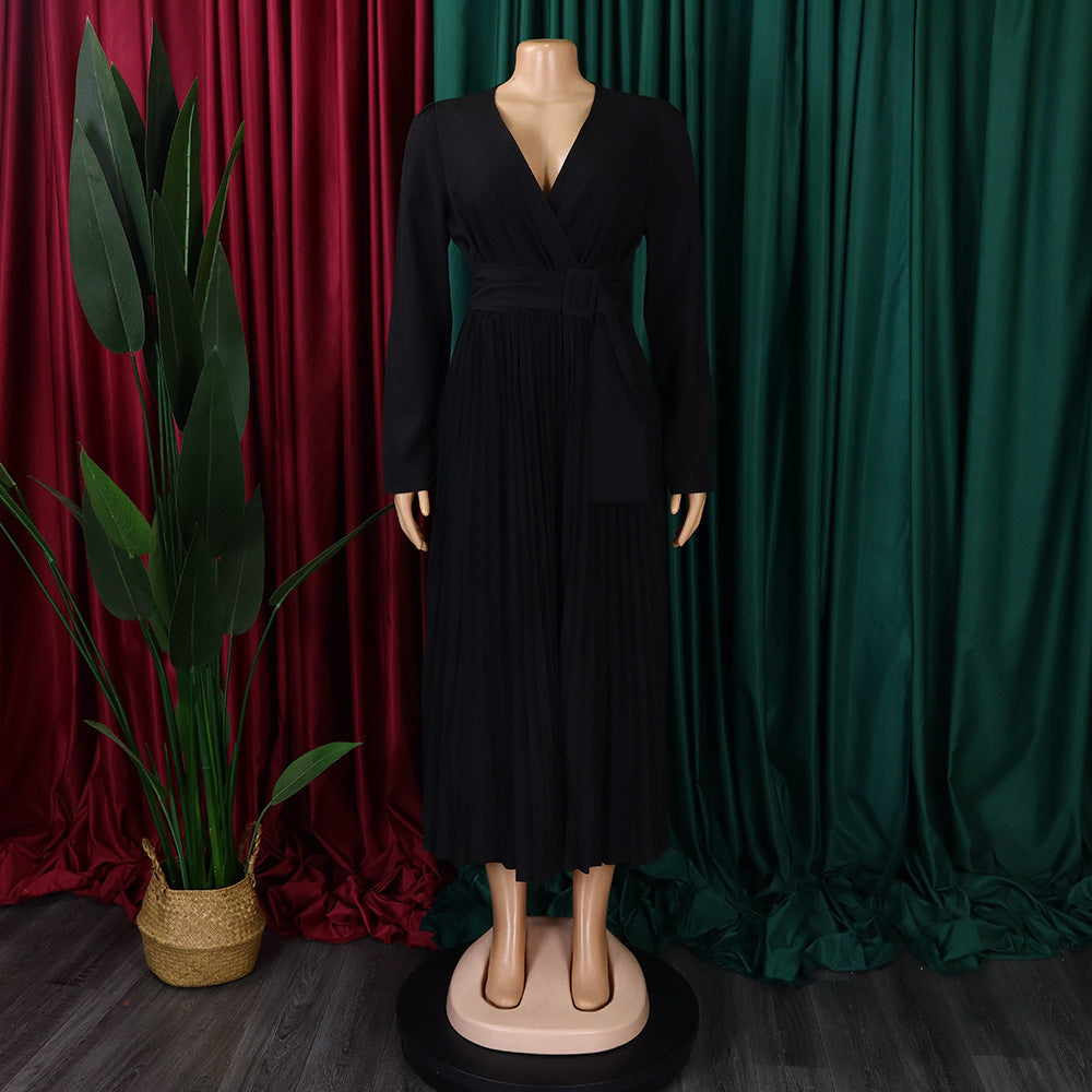 V-Neck Chic Elegant Slim Waist Belted Pleated High Waist Plus Size Dress 32