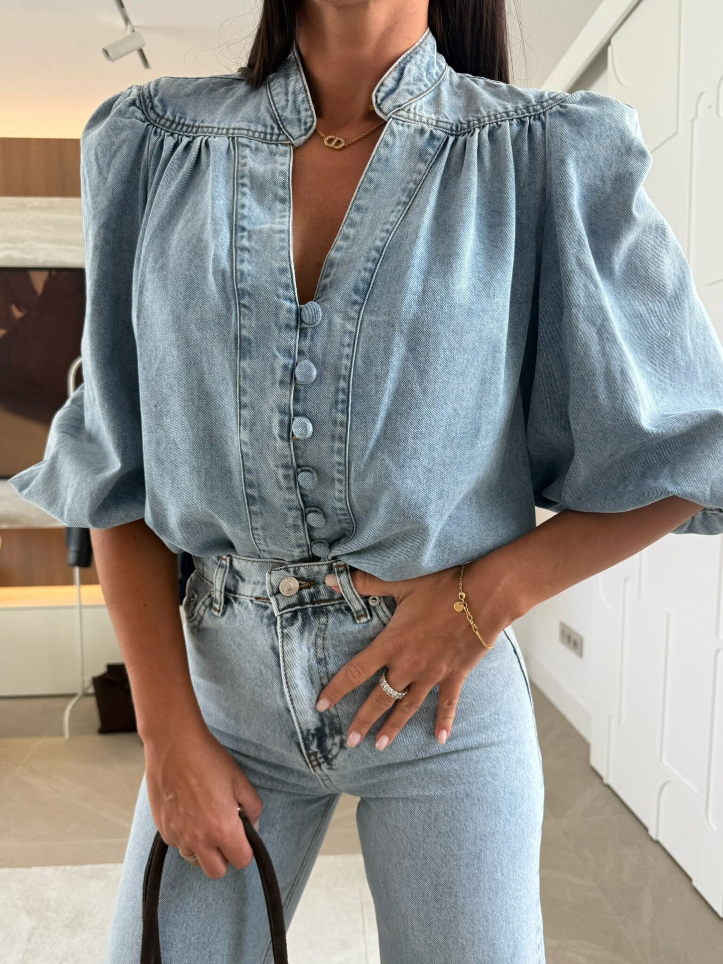 Women Spring/Autumn Casual Lantern Sleeve V-Neck Denim Shirt 8