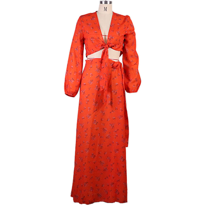 Fall Women Sexy Printed Lace-Up Shirt And Split Skirt Two Piece 10