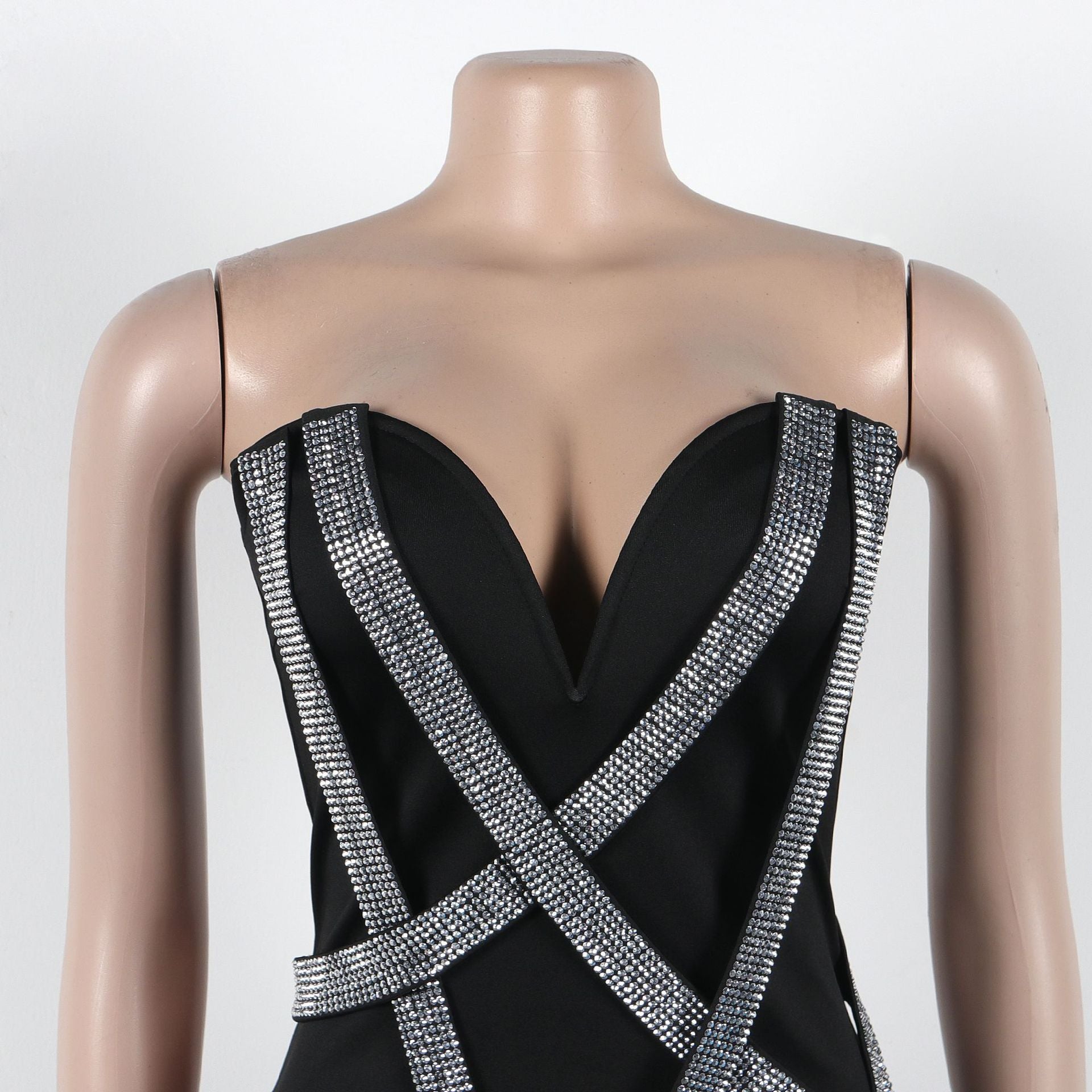 Women Sexy Irregular Beaded Patchwork Bodycon Strapless Dress 6