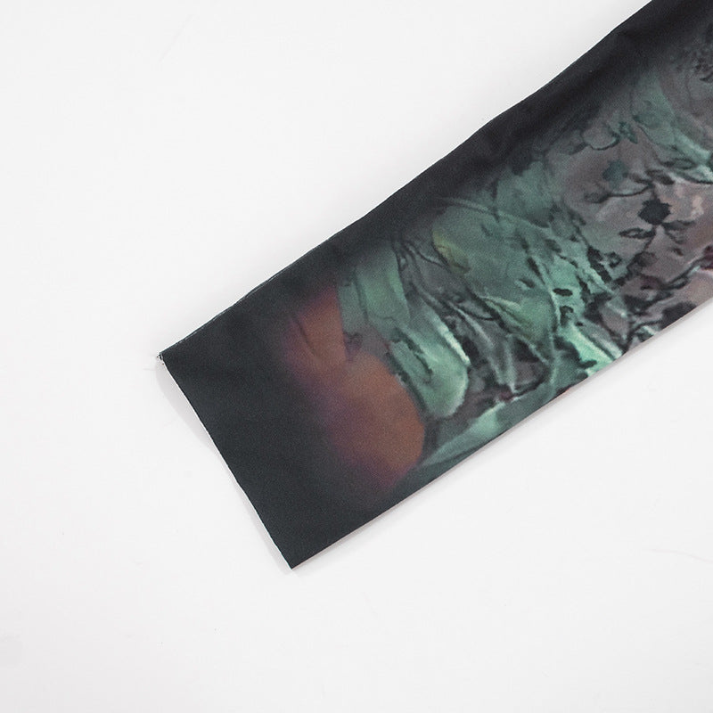 Women Body Painting Print Round Neck Long Sleeve Leg-Connected Jumpsuit 19