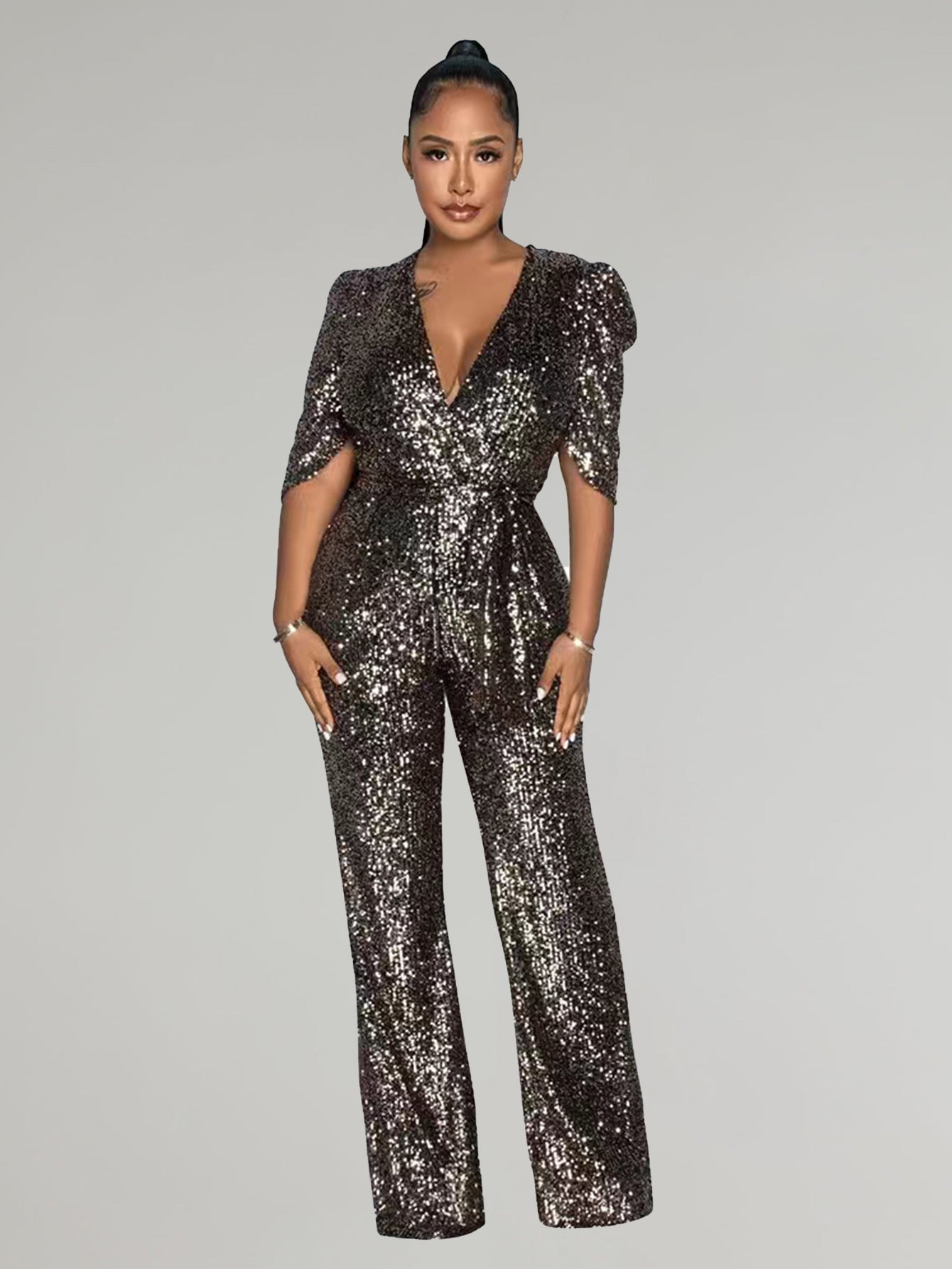 Sexy V-Neck Half-Sleeve Slim Sequin Women Party Jumpsuit 3