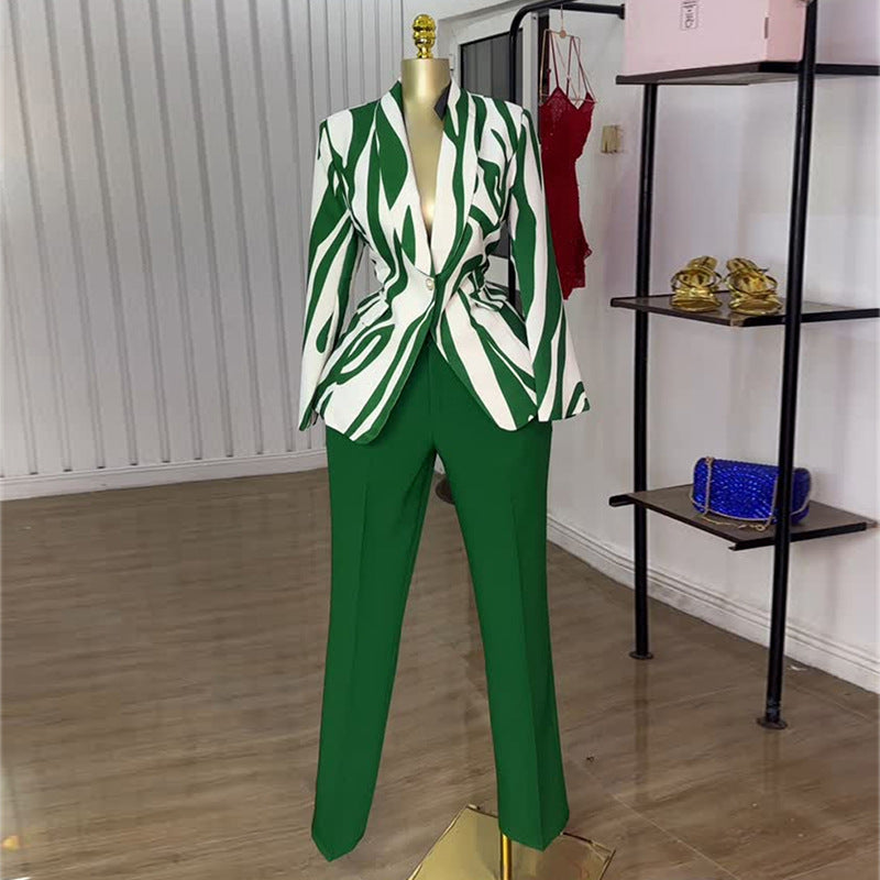 Women Summer Print Blazer and Straight Pants Casual Two-Piece Set