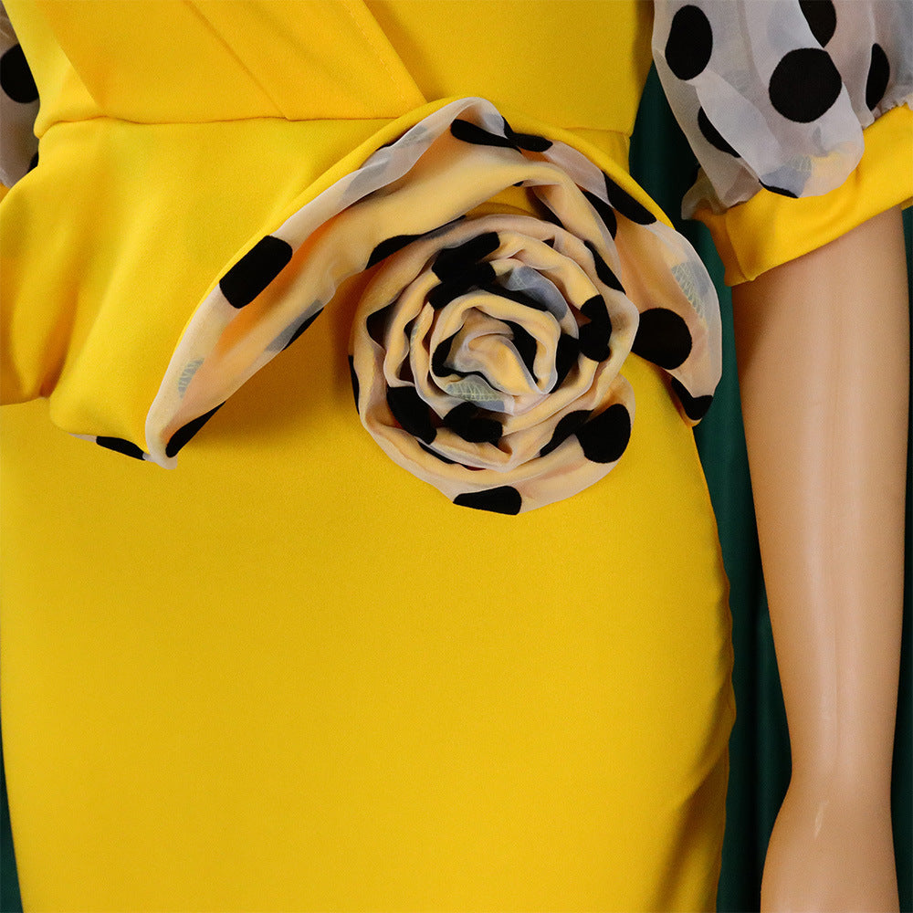 Women Summer mesh flocked puff sleeves V-neck Bodycon dress 16