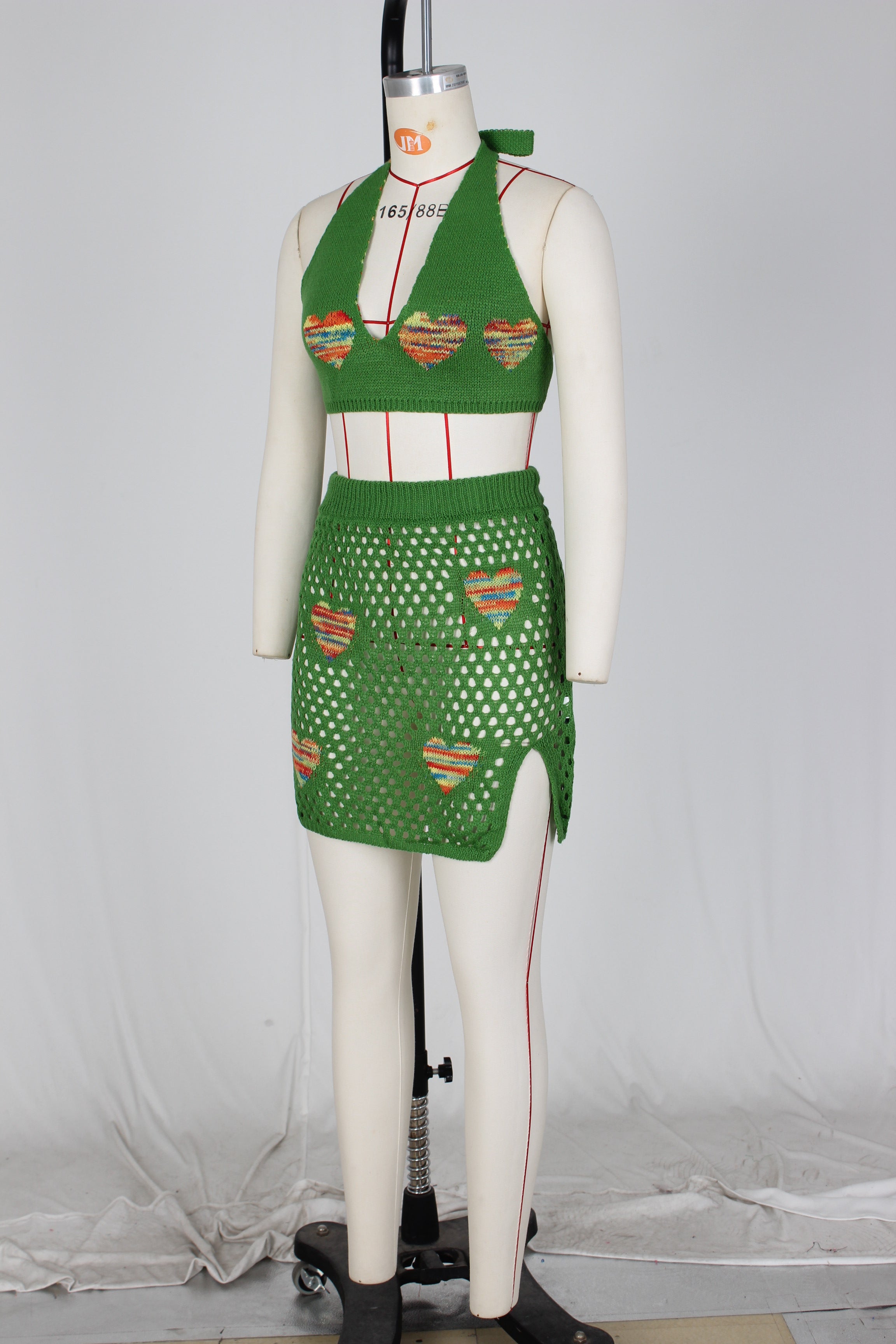 Women's Sexy Heart Print Jacquard Hollow Knitting Beach Fashion Two Piece Skirt Set 25