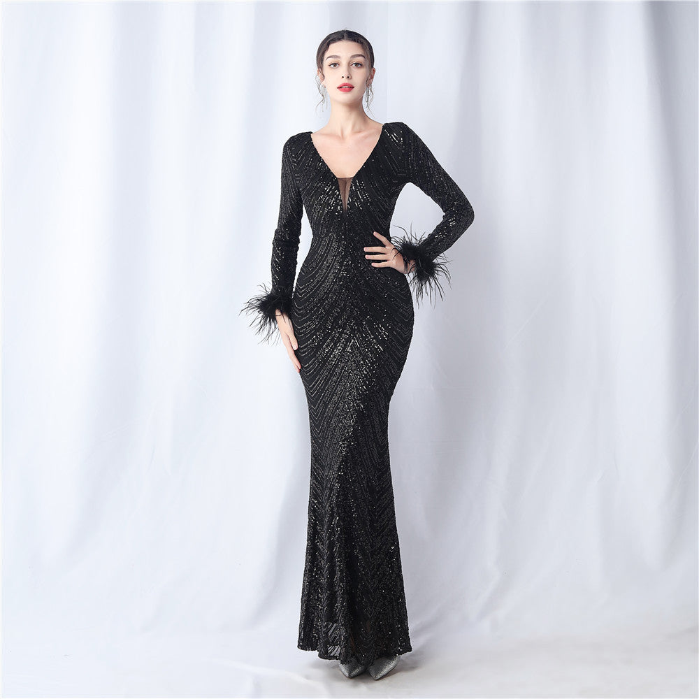 Sequins Feather Long-Sleeved Evening Dress 8