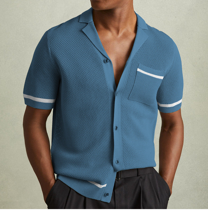 Sexy Hollow-Out Men’s Knitted Shirt Summer Turndown Collar Short Sleeve Polo Shirt 4