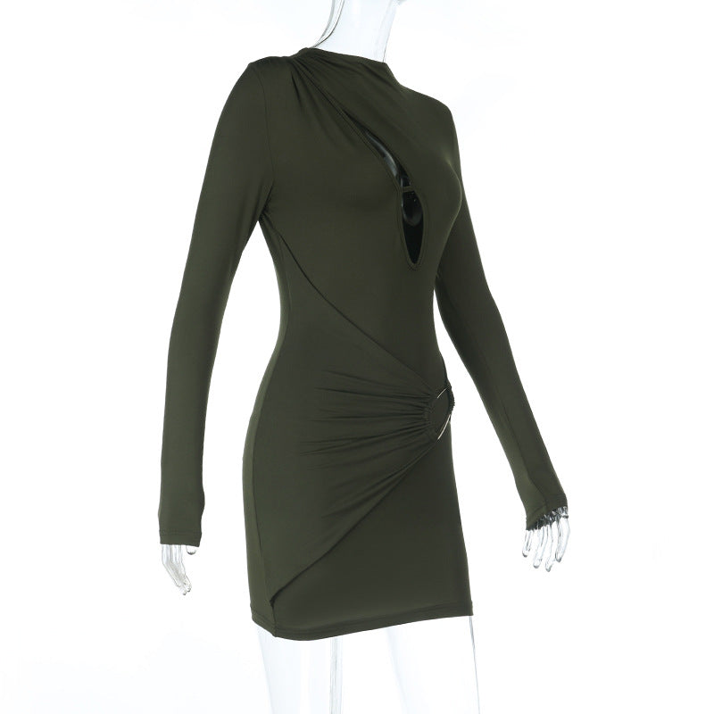 Women Sexy V-Neck Hollow Metal Button Long-Sleeved Bodycon Dress 12