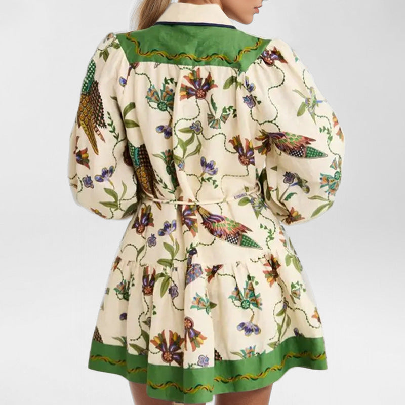 Women lace-up print Turndown Collar long sleeve pleated dress 4