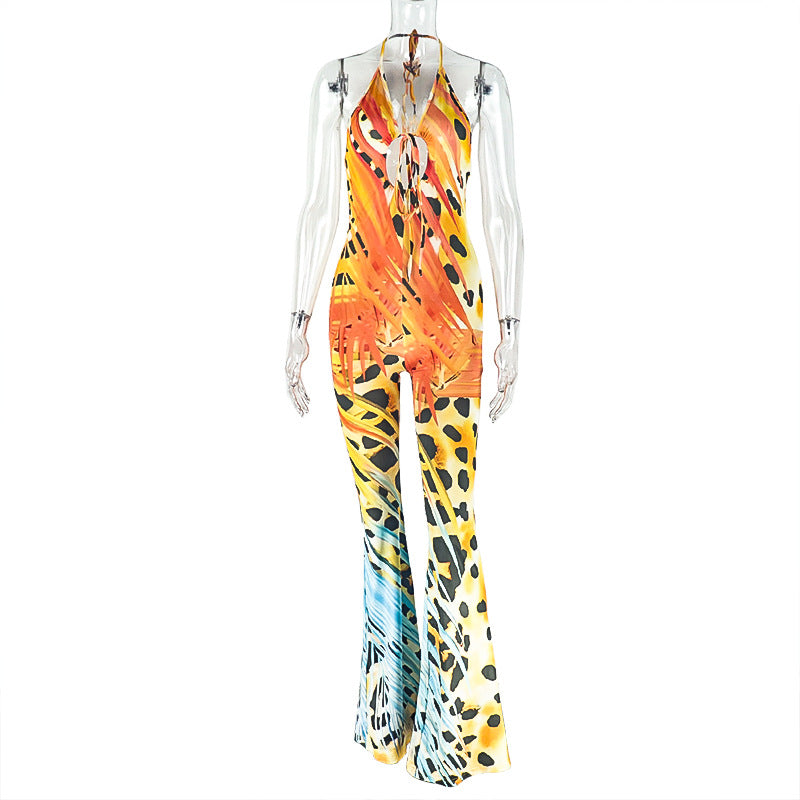 Women's Fashion Halter-Neck Low-Back Floral Print Flared Jumpsuit 5