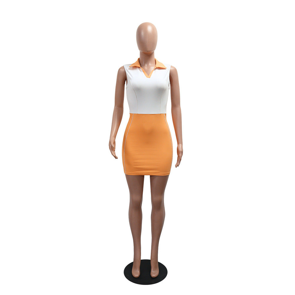 Women Turndown Collar Solid Patchwork Sleeveless Casual Sports Dress 8