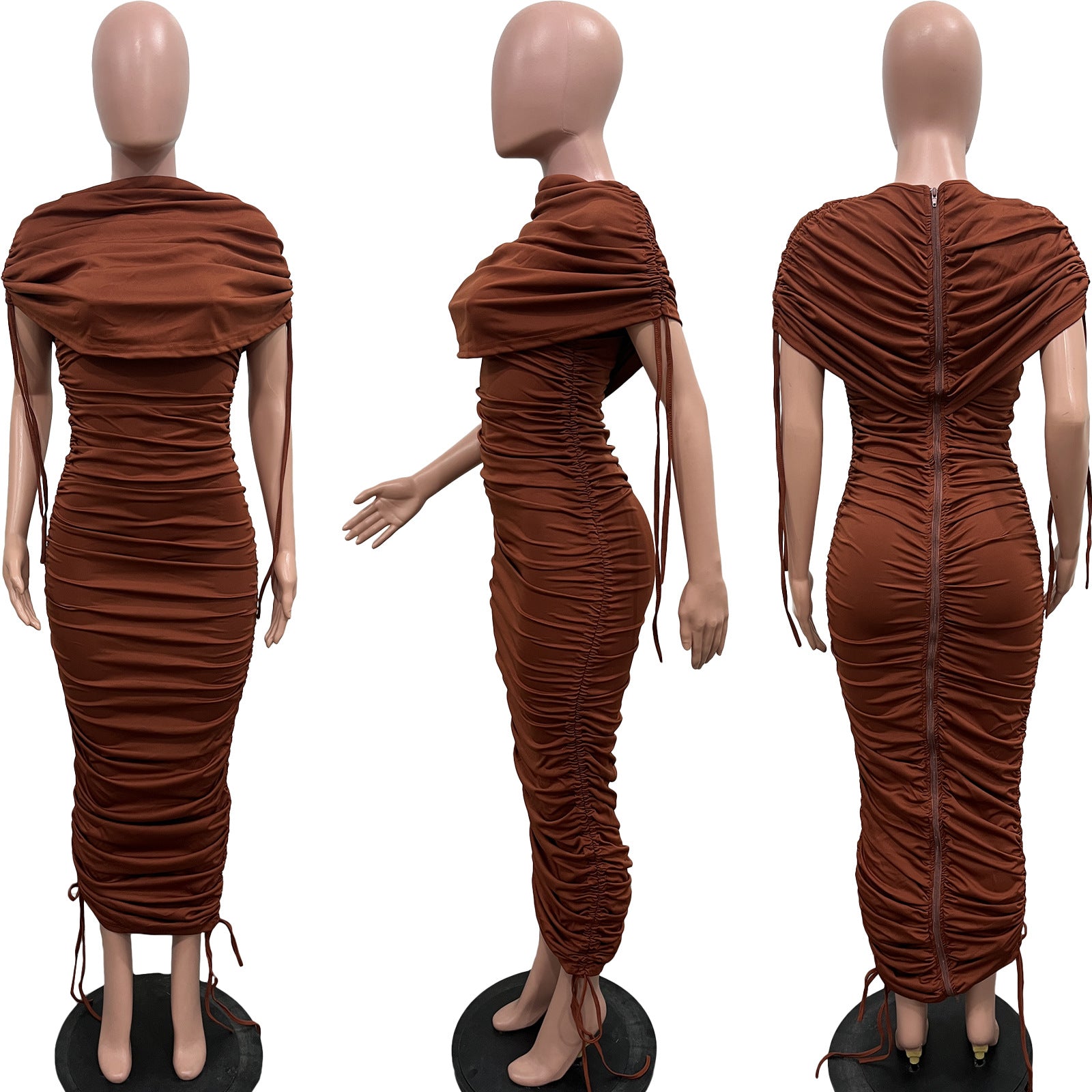 Women Solid Pleated Drawstring Zip Irregular Dress 22