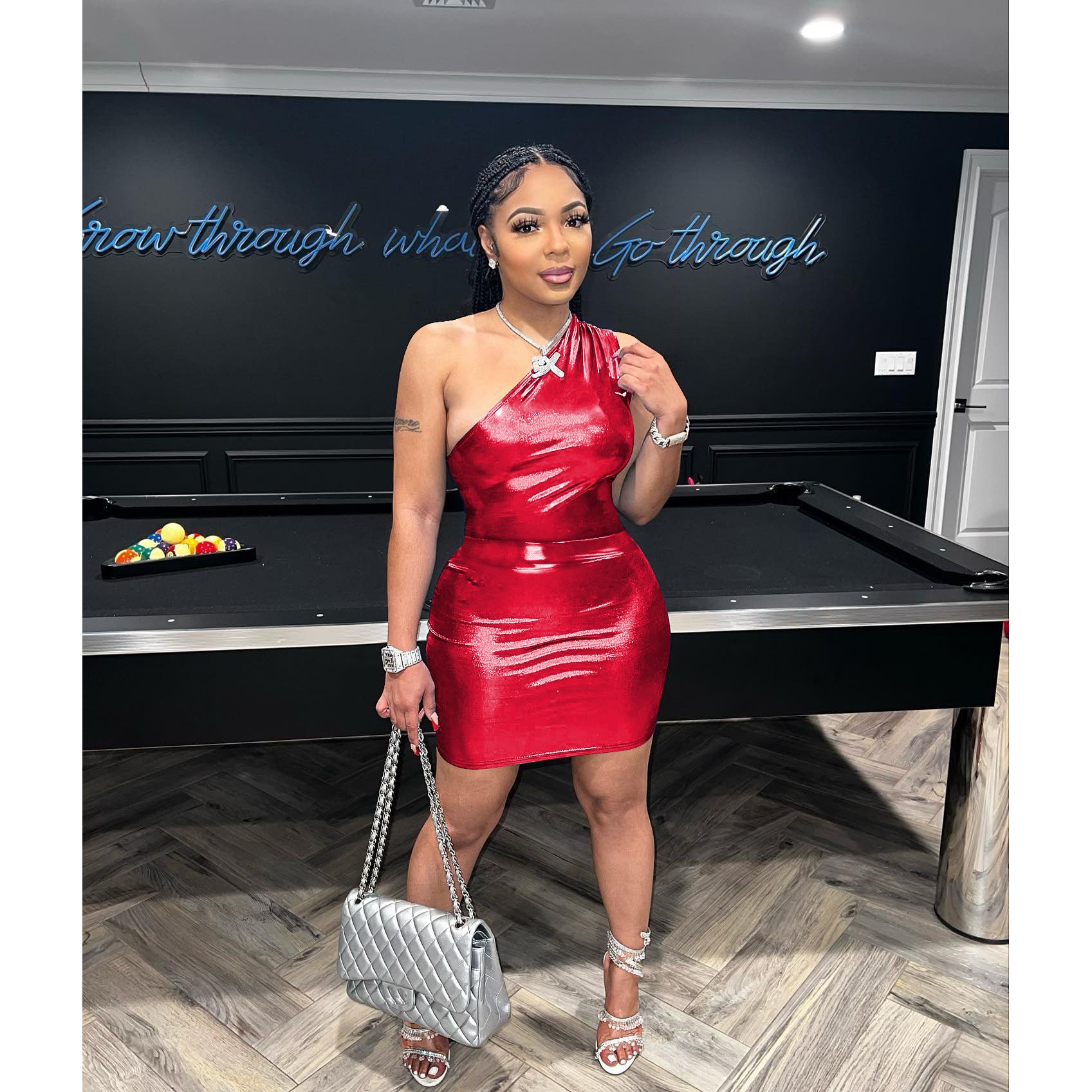 Women's Clothing Shiny One Shoulder Sexy Sleeveless Bodysuit + Skirt Set 4