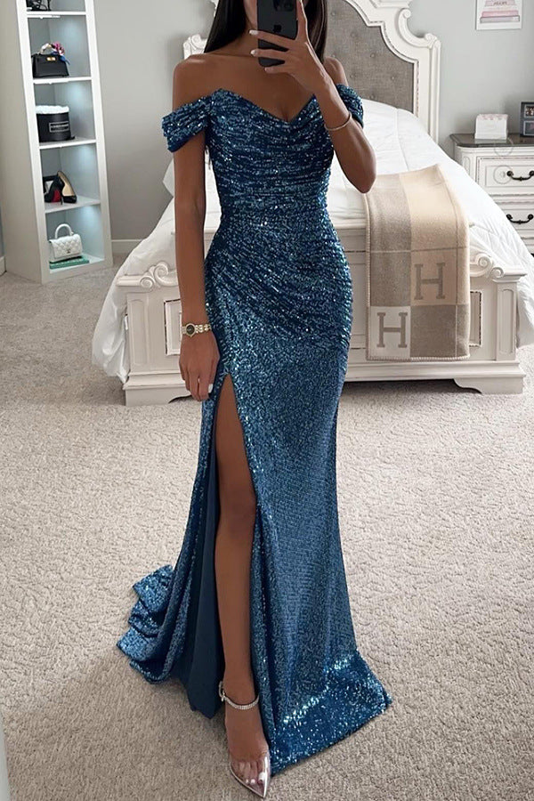 Women Sequin Off Shoulder Slit Dress 5