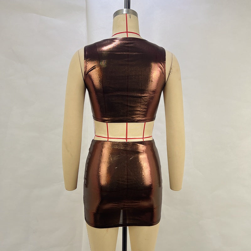 Women Summer Metallic Shiny Solid Round Neck Sleeveless Crop Top Bodycon Skirt Two-Piece Set 21