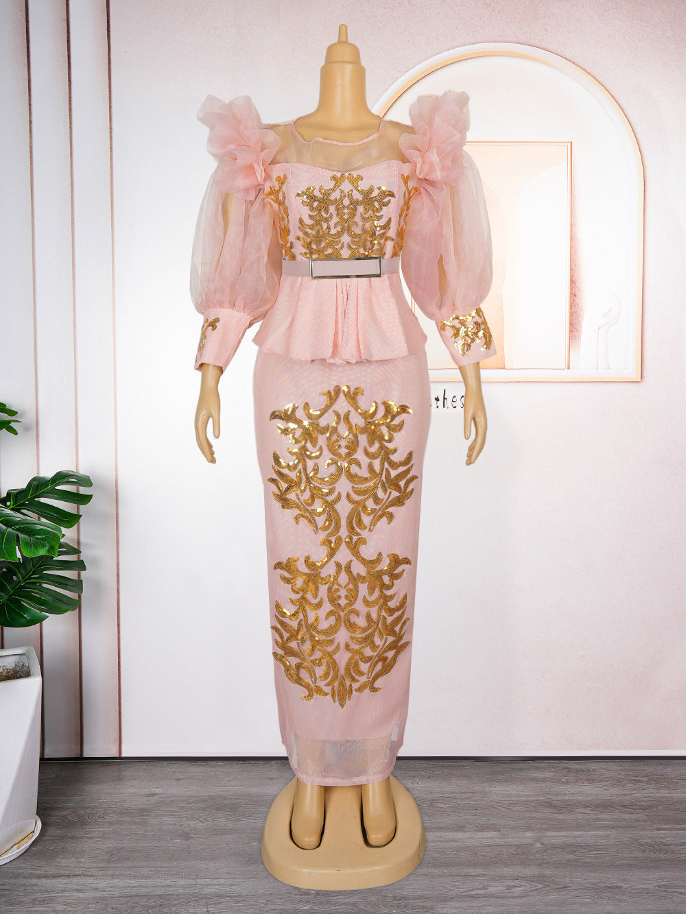 African Plus Size Women's Clothing Patchwork Bubble Sleeve Sequined High Waist Evening Dress 7