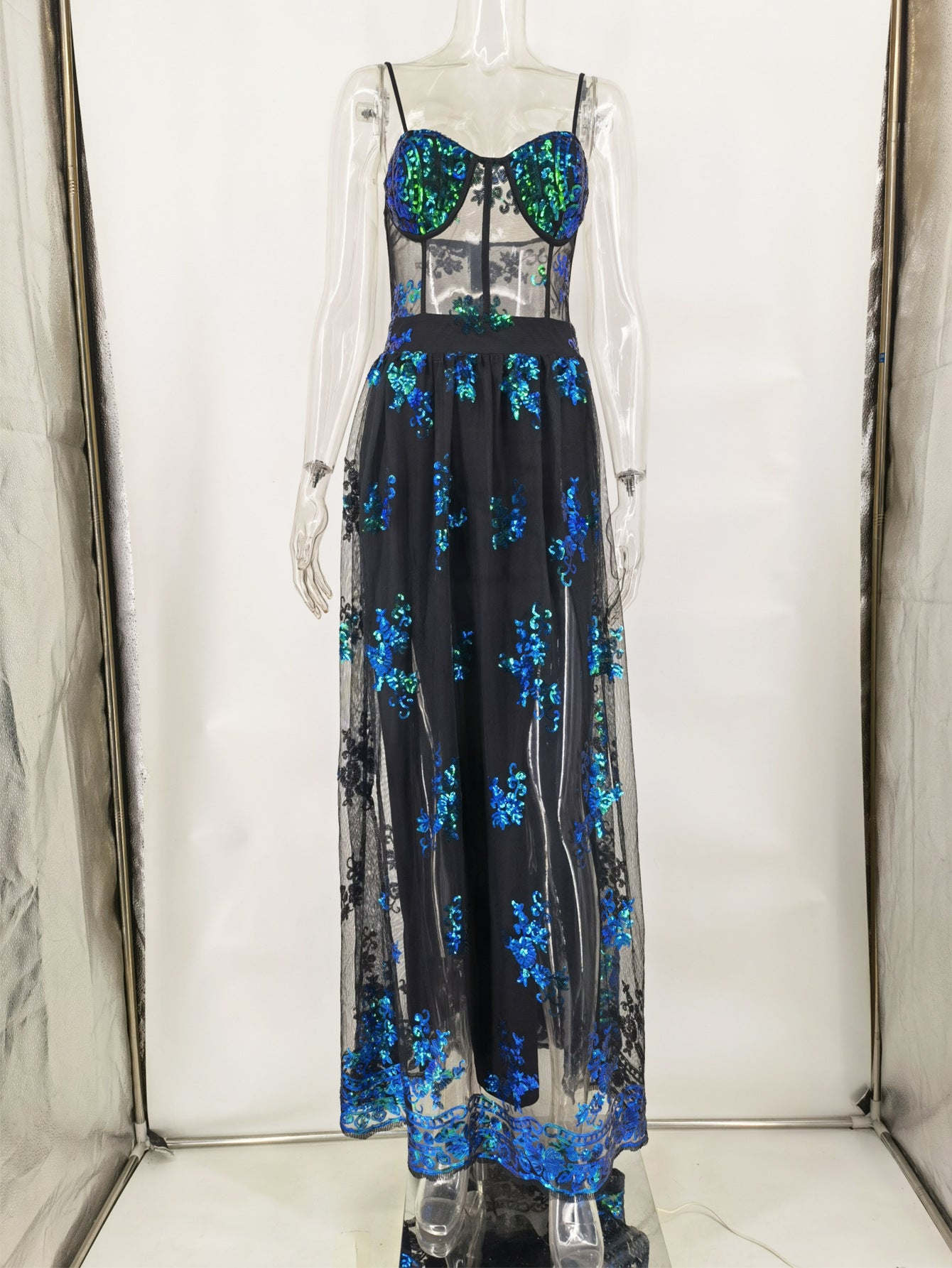 Sexy See-Through Green Sequin Dress Women's Maxi Evening Gown 15