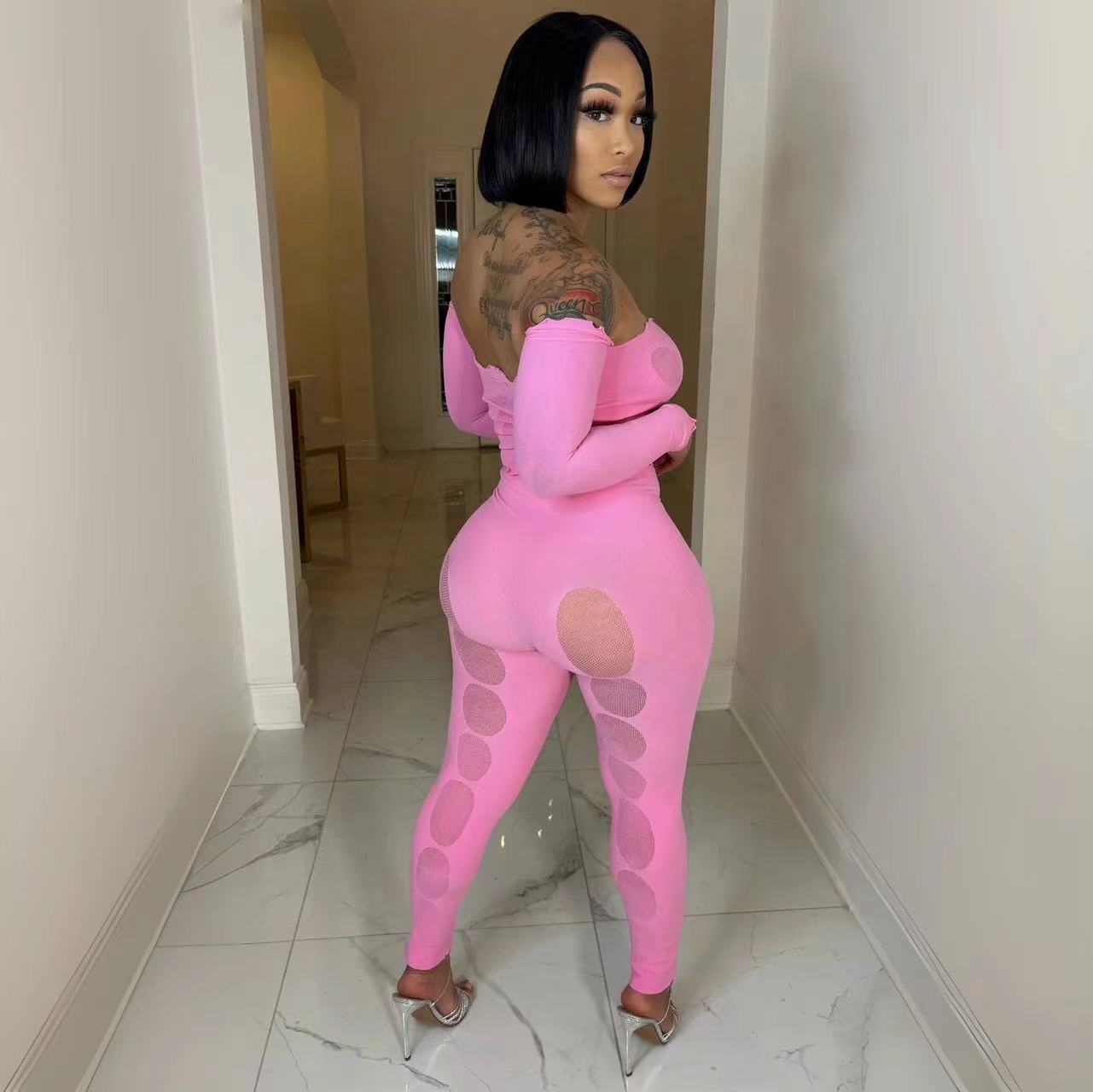 Summer Plus Size Women Hollow Sexy Solid Off Shoulder Crop Top and Pant Two Piece Set 5