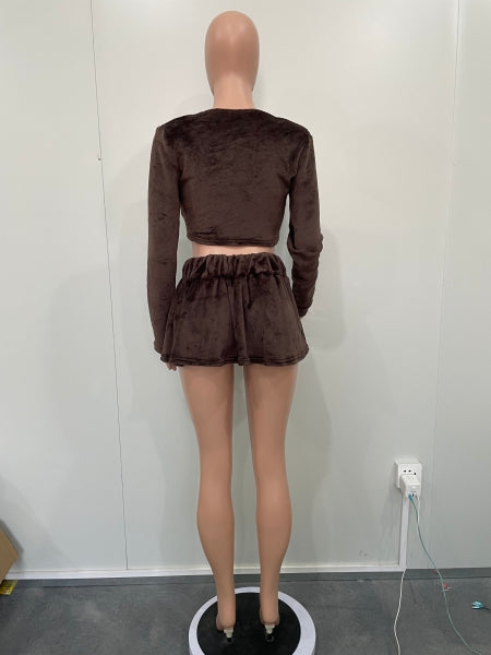 Sexy Plush Long Sleeve Cardigan Top Short Skirt Two Piece Set 9