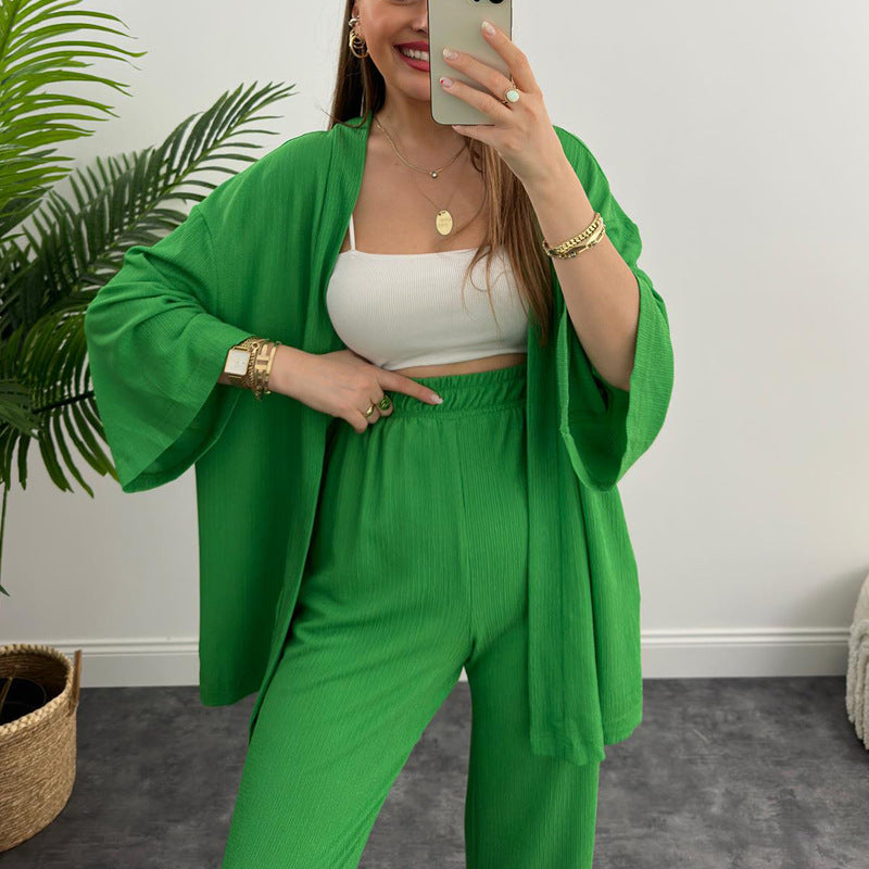 Women Solid long-sleeved shirt and pleated elastic waist trousers two-piece set 11