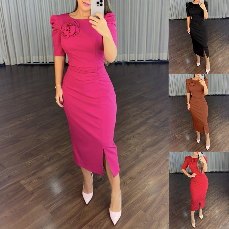 Women Puff Sleeve Floral Pleated Slit Dress 10