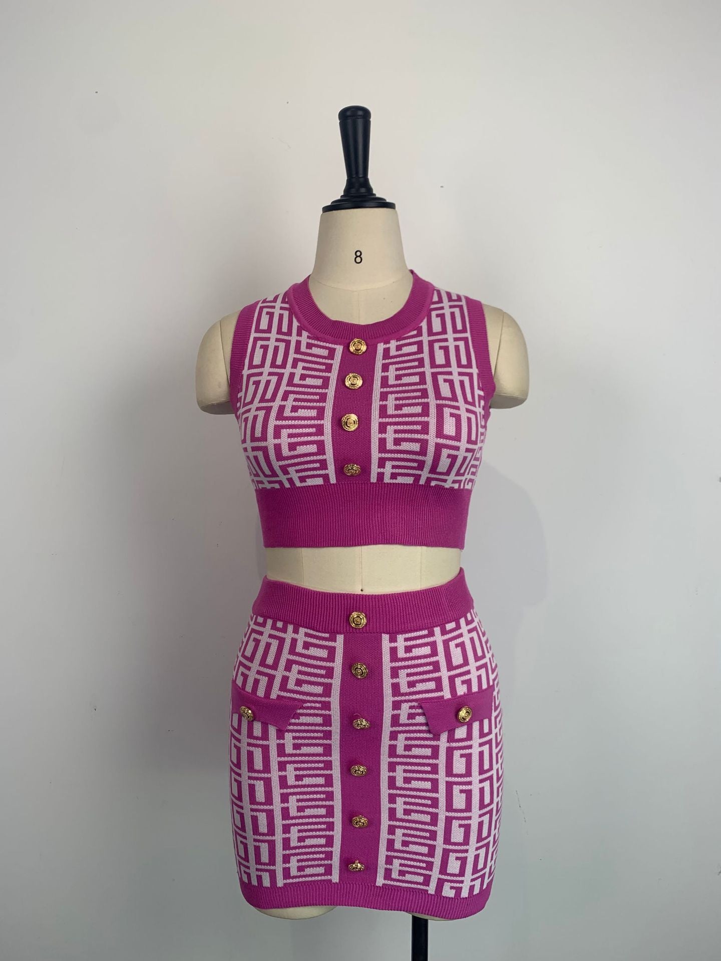 Women Round Neck Sleeveless Geometric Pattern Top and Skirt Two-Piece Set 25