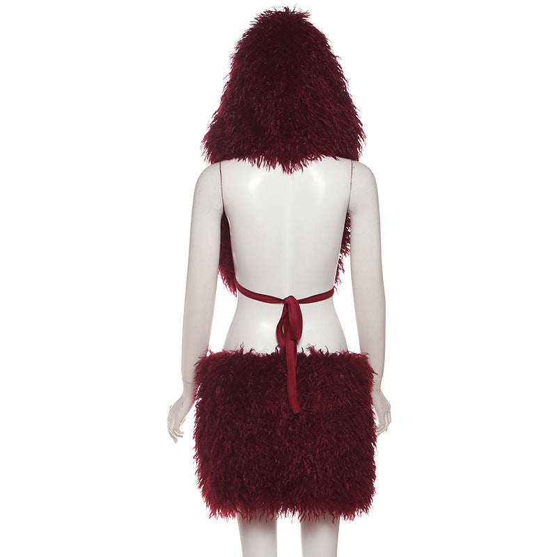 Women Fall Backless Hooded Top and Skirt Two-Piece Set 10