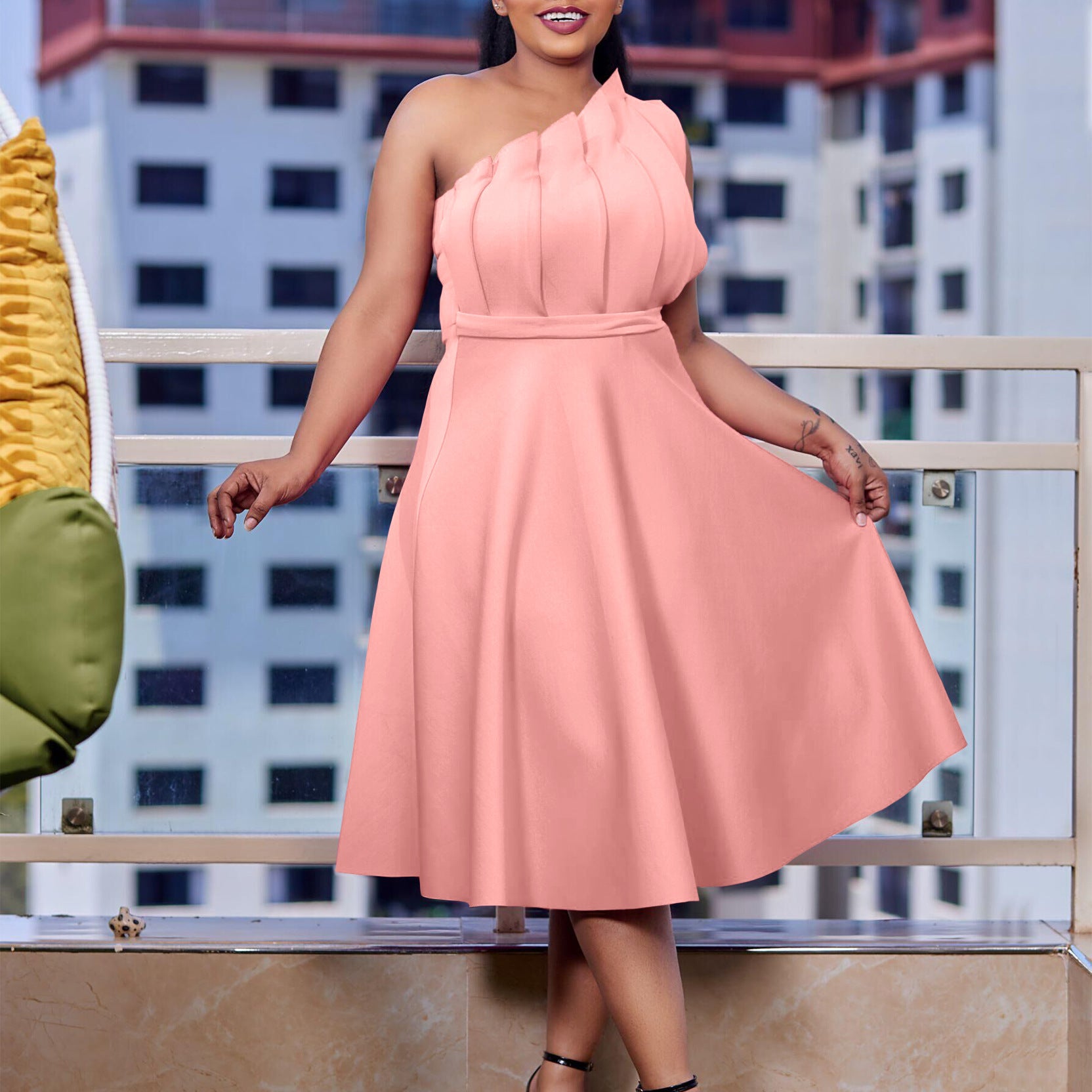 Plus Size Women Solid Sexy Pleated Formal Party Dress 7