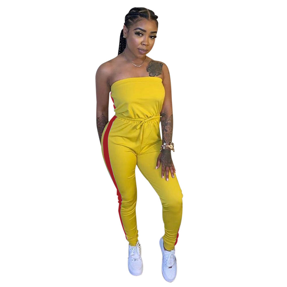 Spring and summer women's style slim fit strapless drawstring waist Jumpsuit 8
