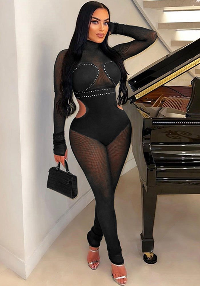 Women's Autumn and Winter mesh Patchwork Beaded See-Through Sexy Tight Fitting Butt Lift Jumpsuit