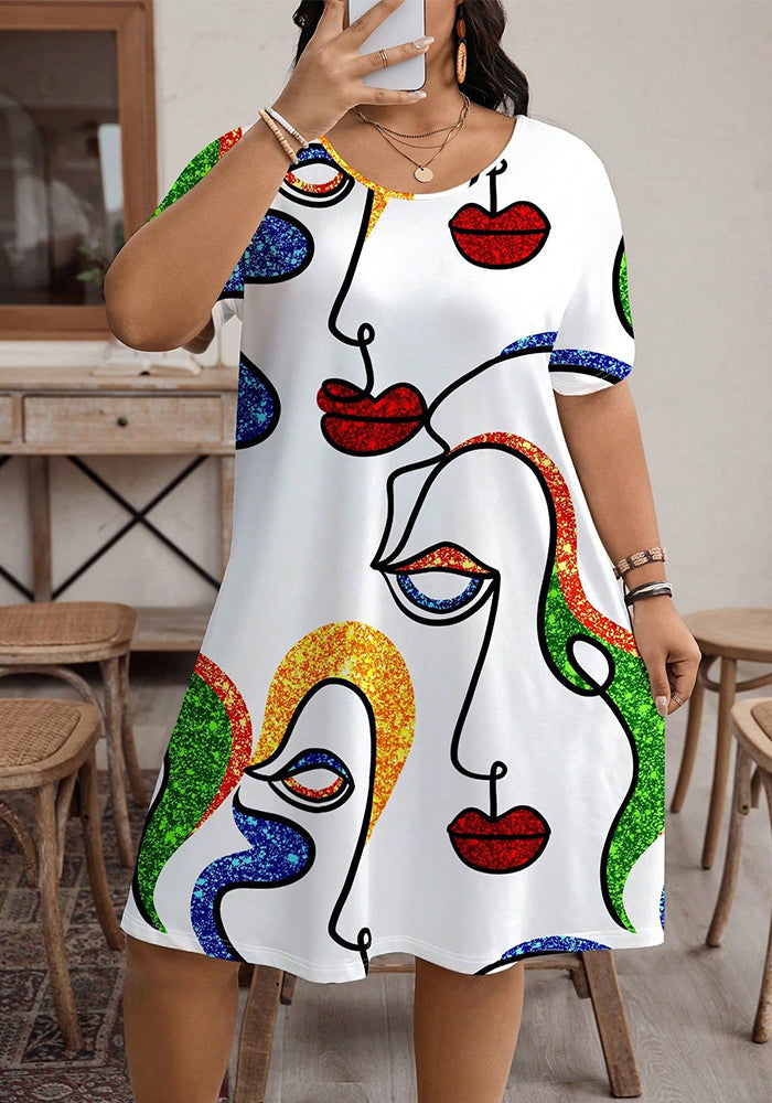 Plus Size Women Round Neck Printed Short Sleeve Dress