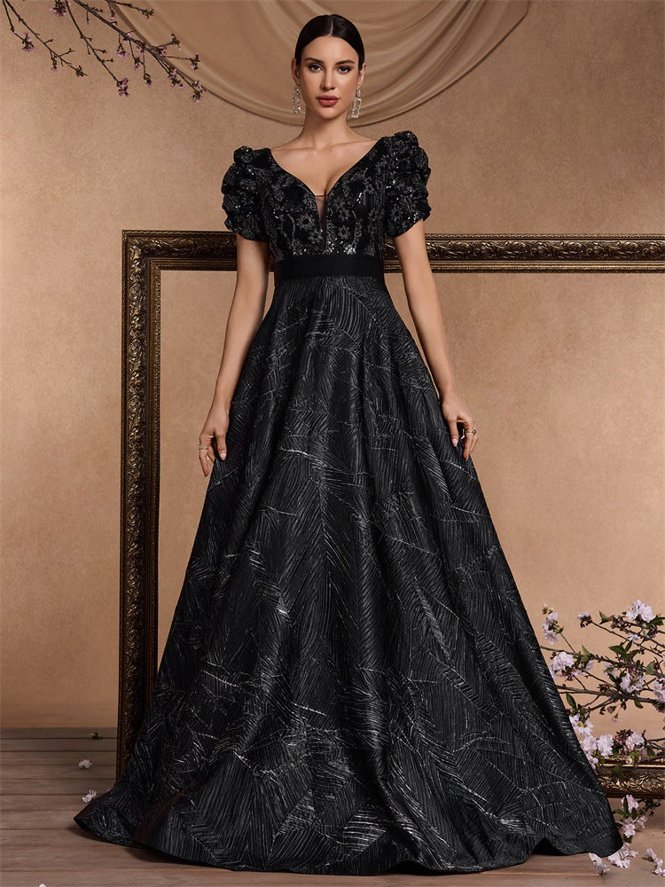 Women's Elegant Chic Sequin Patchwork Short Sleeve Cocktail Formal Evening Dress 7