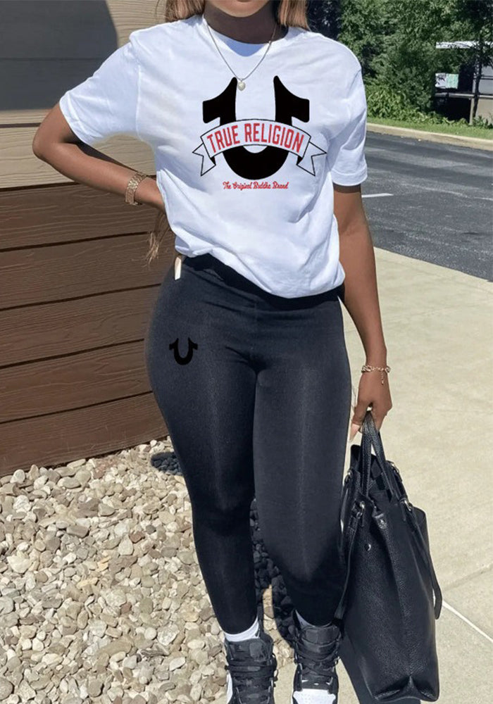 Spring summer women print casual short sleeve two piece pants sets