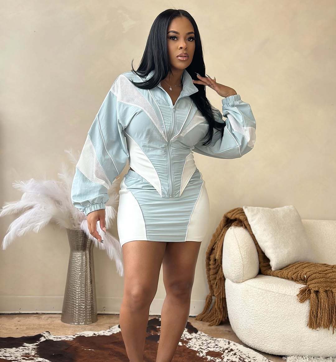 Autumn Sexy Sports Style Loose Casual Contrast Color Long Sleeve Jacket Short Skirt Women Two Piece Set 18