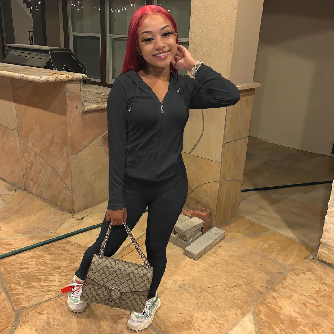 Women Summer Sports Hooded Full Sleeves Solid Pockets Regular Two Piece Pants Set 16