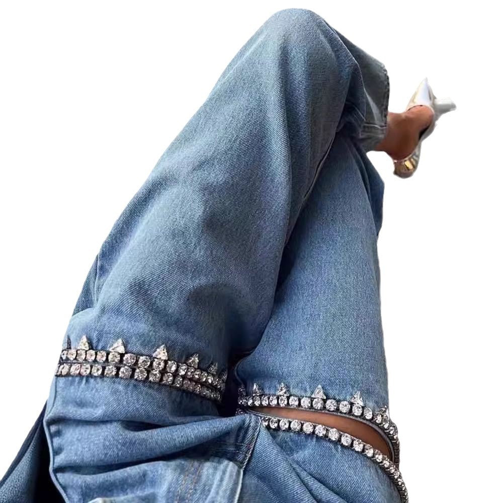 Fashion Diamond Beaded Mid-Waist Straight Hollow Women's Denim Pants 6