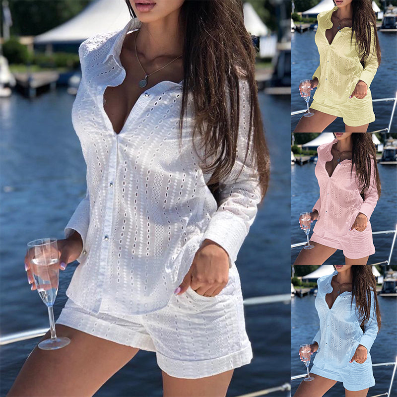 Women White Hollow Shirt + Shorts Two-Piece Set 8