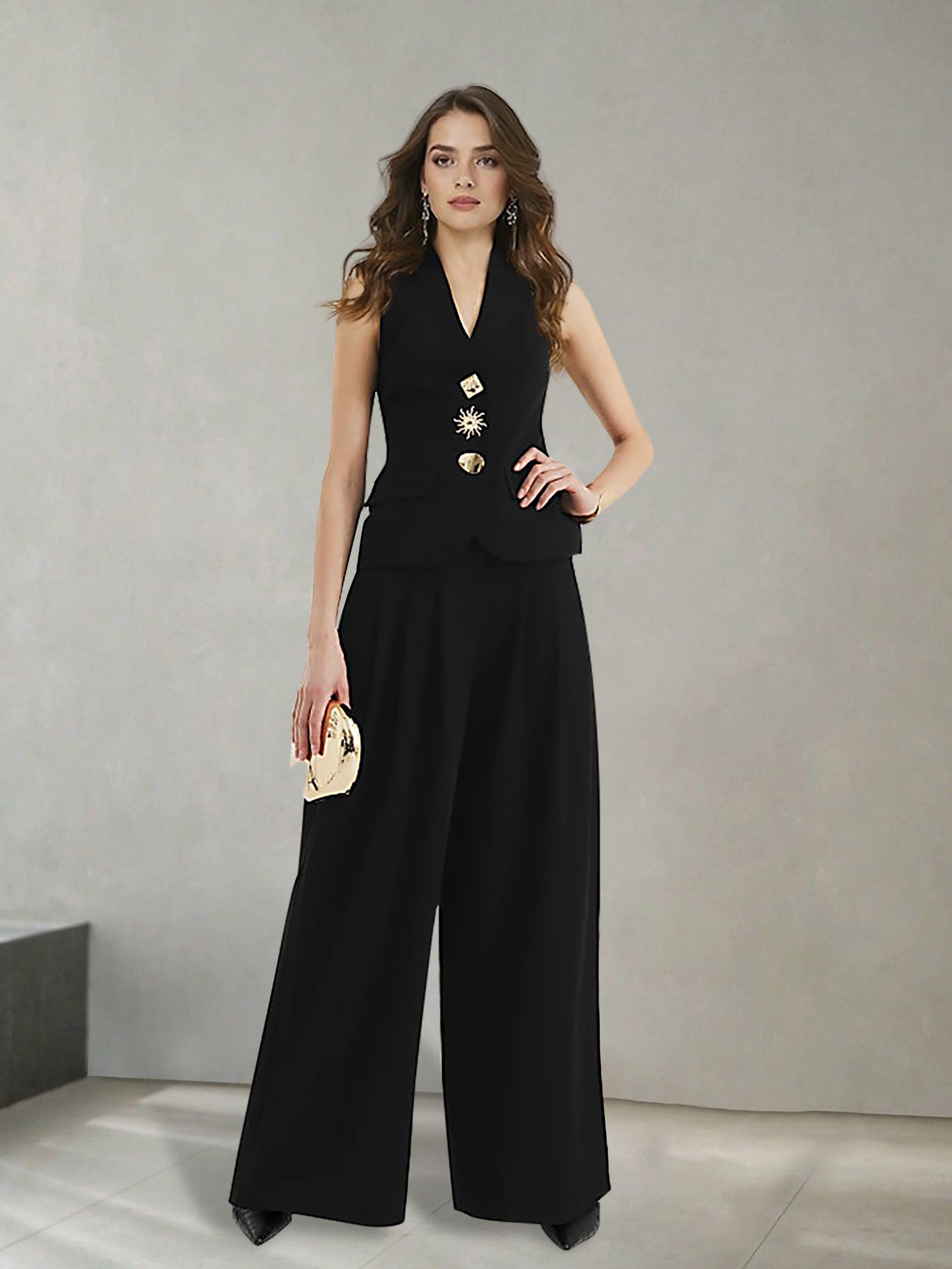 Women's Chic Elegant Solid Color V-Neck Sleeveless Vest & High-Waist Wide-Leg Trousers Set 3